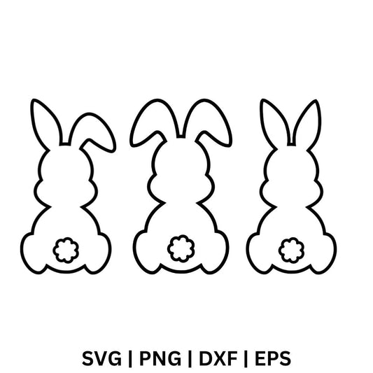 Three black outline bunnies seen from behind with different ear shapes and flower-shaped tails, free Easter bunny outline SVG cut file preview.