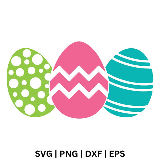 Three Easter eggs with a green polka dot egg, a pink zigzag egg and a teal striped egg, free Easter egg SVG cut file preview.