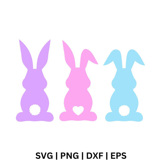 Three pastel bunny silhouettes in purple, pink and blue seen from behind with a fluffy tail, a heart tail and a pom-pom tail, free Easter bunnies SVG cut file preview.