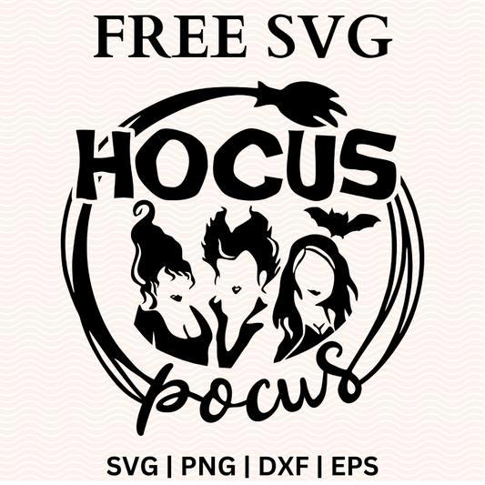 Black silhouettes of three witches inside a circle with a broom, a bat and bold black lettering above script text, free three witches Halloween SVG cut file preview.