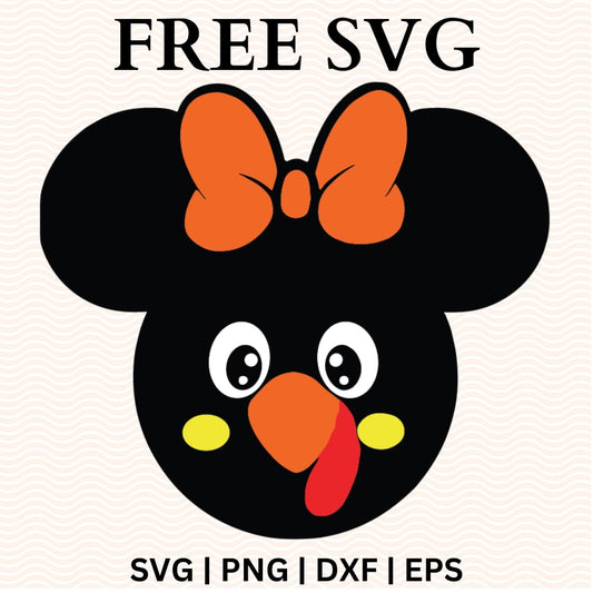 Black round-eared head with an orange bow, white eyes, yellow cheeks and an orange turkey beak with red wattle, free turkey face Thanksgiving SVG cut file preview.