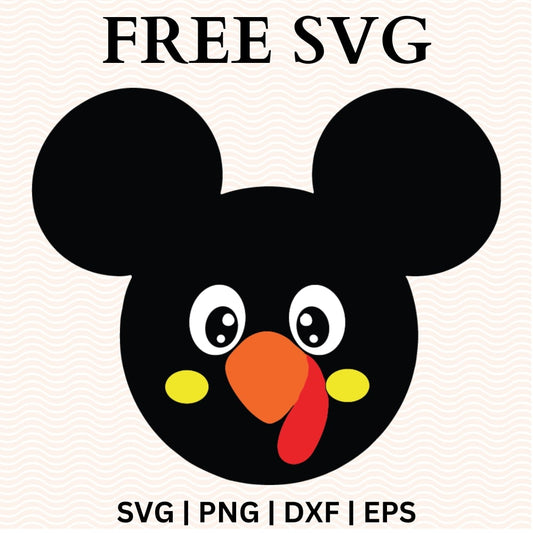 Black round-eared head with white eyes, yellow cheeks and an orange turkey beak with a red wattle, free turkey face Thanksgiving SVG cut file preview.